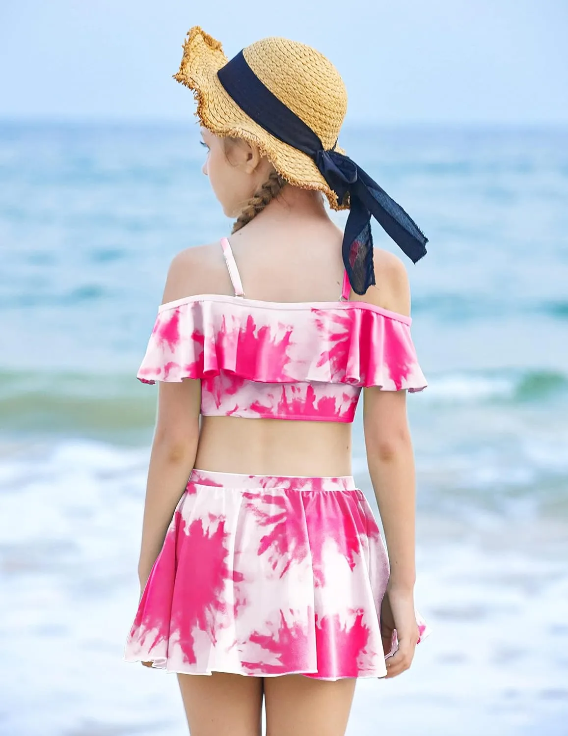 Arshiner 3 Piece Tween Girls Swimsuit Ruffle Sleeve Athletic Tankini Sport Swimwear with Swimming Skirt