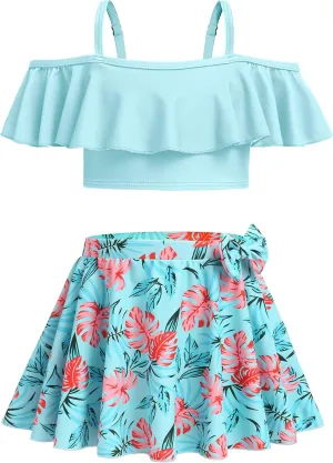 Arshiner 3 Piece Tween Girls Swimsuit Ruffle Sleeve Athletic Tankini Sport Swimwear with Swimming Skirt