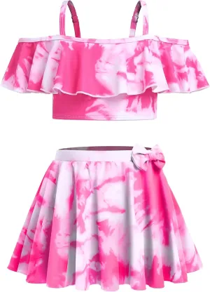 Arshiner 3 Piece Tween Girls Swimsuit Ruffle Sleeve Athletic Tankini Sport Swimwear with Swimming Skirt