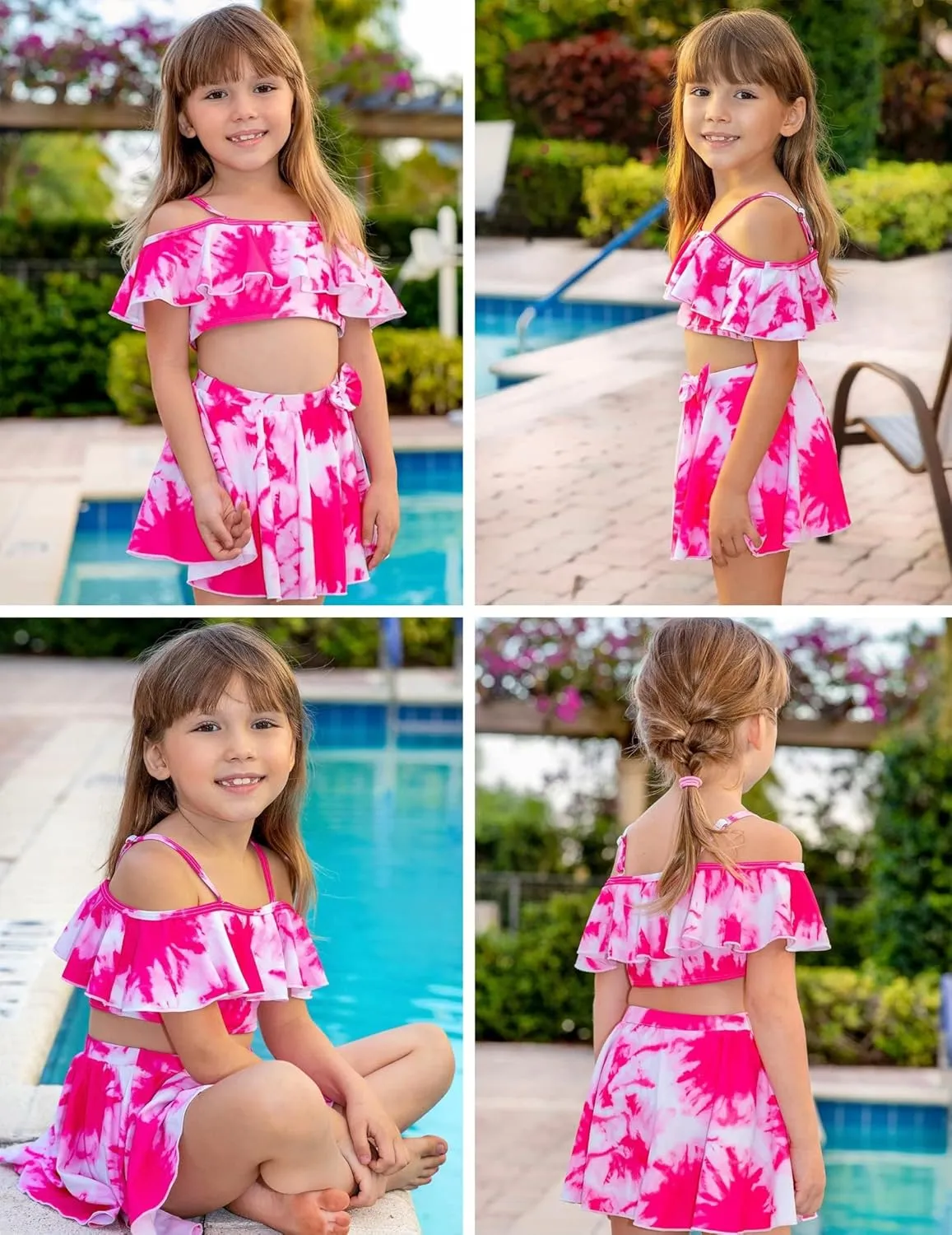 Arshiner 3 Piece Tween Girls Swimsuit Ruffle Sleeve Athletic Tankini Sport Swimwear with Swimming Skirt