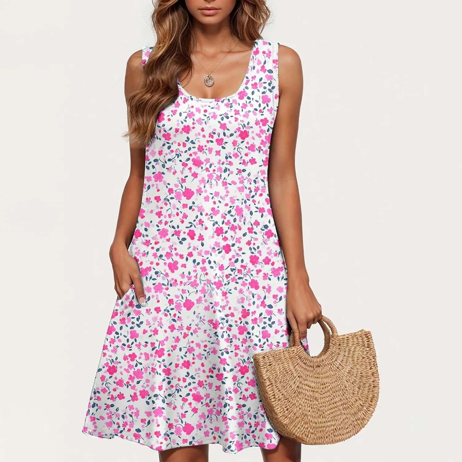 Beach Dresses for Women Trendy Swimsuit Cover Ups Sleeveless Vacation Dresses Floral Swing Mini Dress