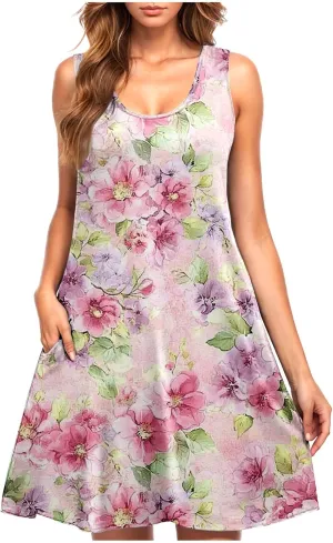 Beach Dresses for Women Trendy Swimsuit Cover Ups Sleeveless Vacation Dresses Floral Swing Mini Dress