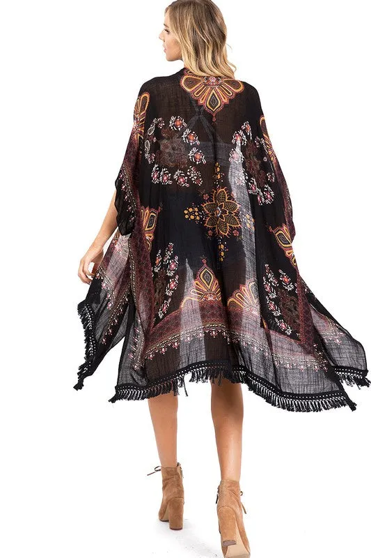 Black Boho Print Kimono