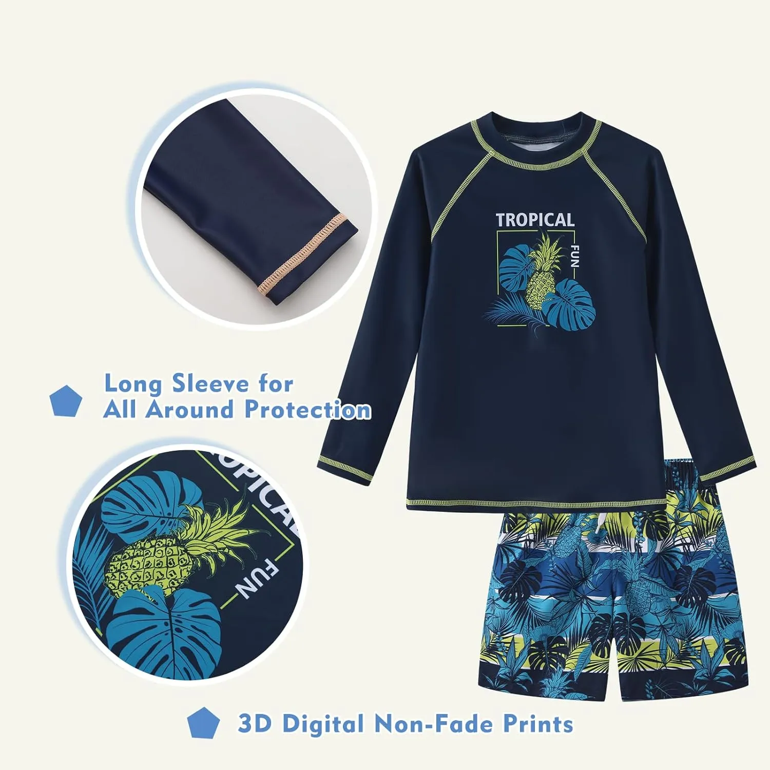 Boys Long Sleeve Rash Guard Swim Trunk Swimsuits Set Kids Two Piece Bathing Suit Swimwear Set