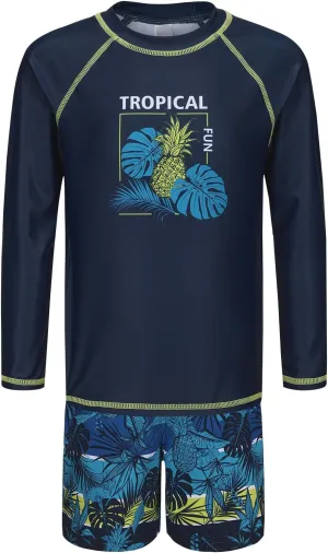 Boys Long Sleeve Rash Guard Swim Trunk Swimsuits Set Kids Two Piece Bathing Suit Swimwear Set