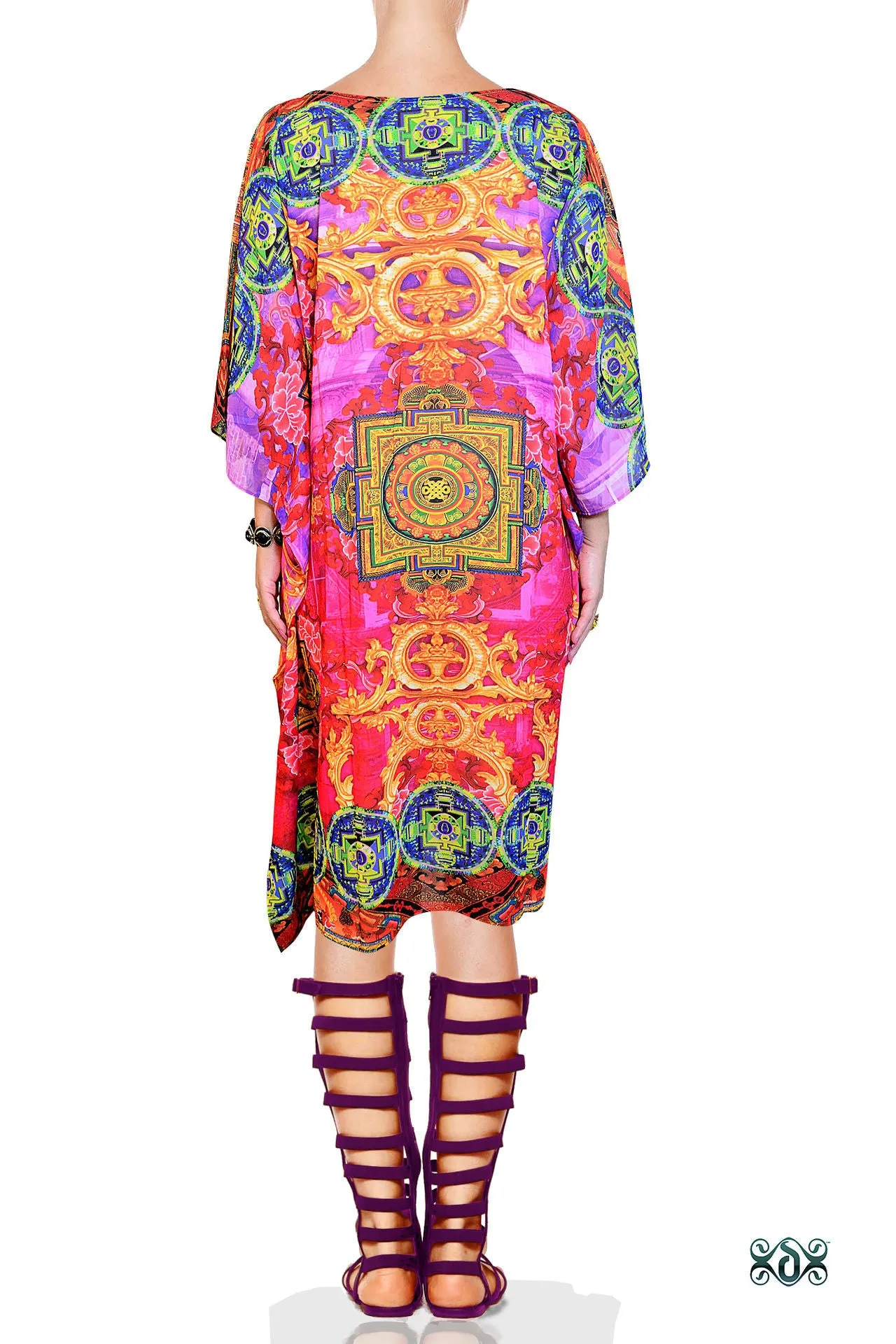 Devarshy Artistic Pink Thangka Painting Pure Silk Short Embellished Kaftan - 1066A