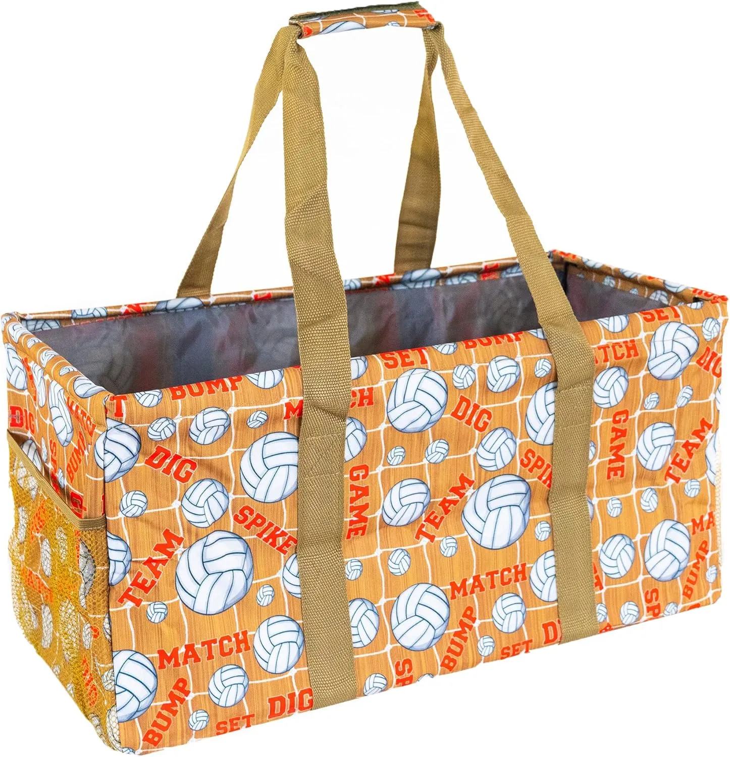 Extra Large Utility Tote Bag - Oversized Collapsible Reusable Wire Frame Rectangular Canvas Basket With Two Exterior Pockets For Beach, Pool, Laundry, Car Trunk, Storage - Volleyball