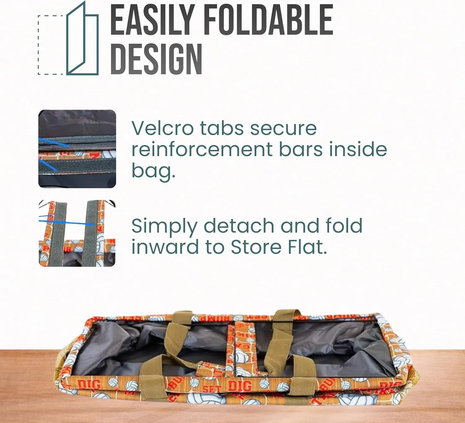 Extra Large Utility Tote Bag - Oversized Collapsible Reusable Wire Frame Rectangular Canvas Basket With Two Exterior Pockets For Beach, Pool, Laundry, Car Trunk, Storage - Volleyball