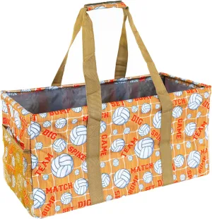 Extra Large Utility Tote Bag - Oversized Collapsible Reusable Wire Frame Rectangular Canvas Basket With Two Exterior Pockets For Beach, Pool, Laundry, Car Trunk, Storage - Volleyball