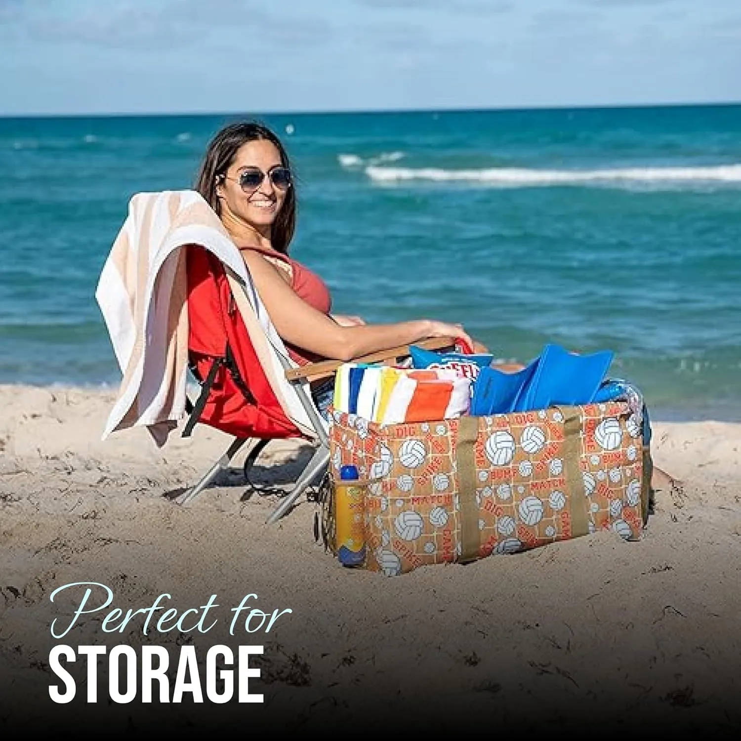 Extra Large Utility Tote Bag - Oversized Collapsible Reusable Wire Frame Rectangular Canvas Basket With Two Exterior Pockets For Beach, Pool, Laundry, Car Trunk, Storage - Volleyball