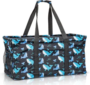 Extra Large Utility Tote Bag - Oversized Collapsible Reusable Wire Frame Rectangular Canvas Basket With Two Exterior Pockets For Beach, Pool, Laundry, Car Trunk, Storage - Whale