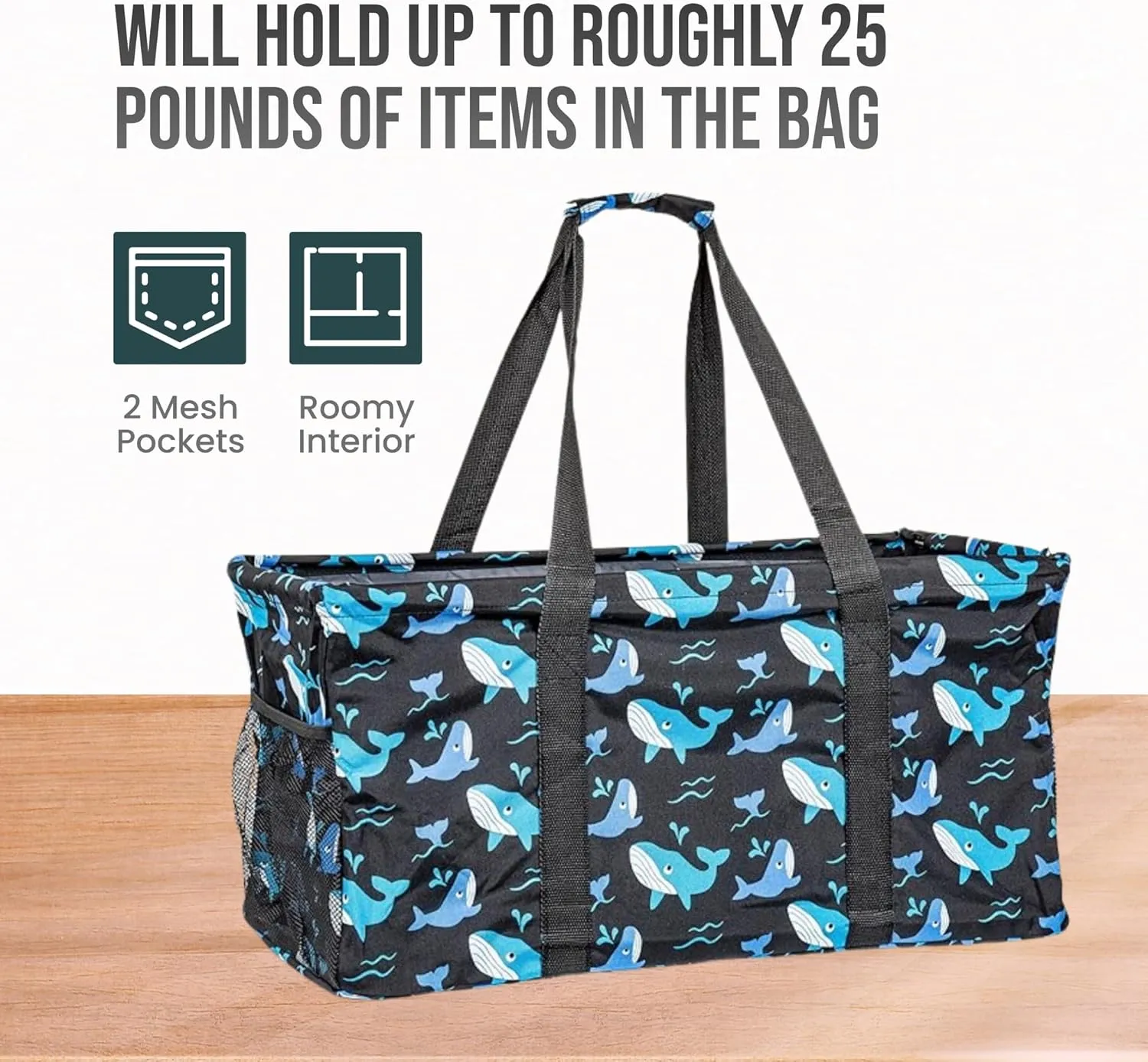 Extra Large Utility Tote Bag - Oversized Collapsible Reusable Wire Frame Rectangular Canvas Basket With Two Exterior Pockets For Beach, Pool, Laundry, Car Trunk, Storage - Whale