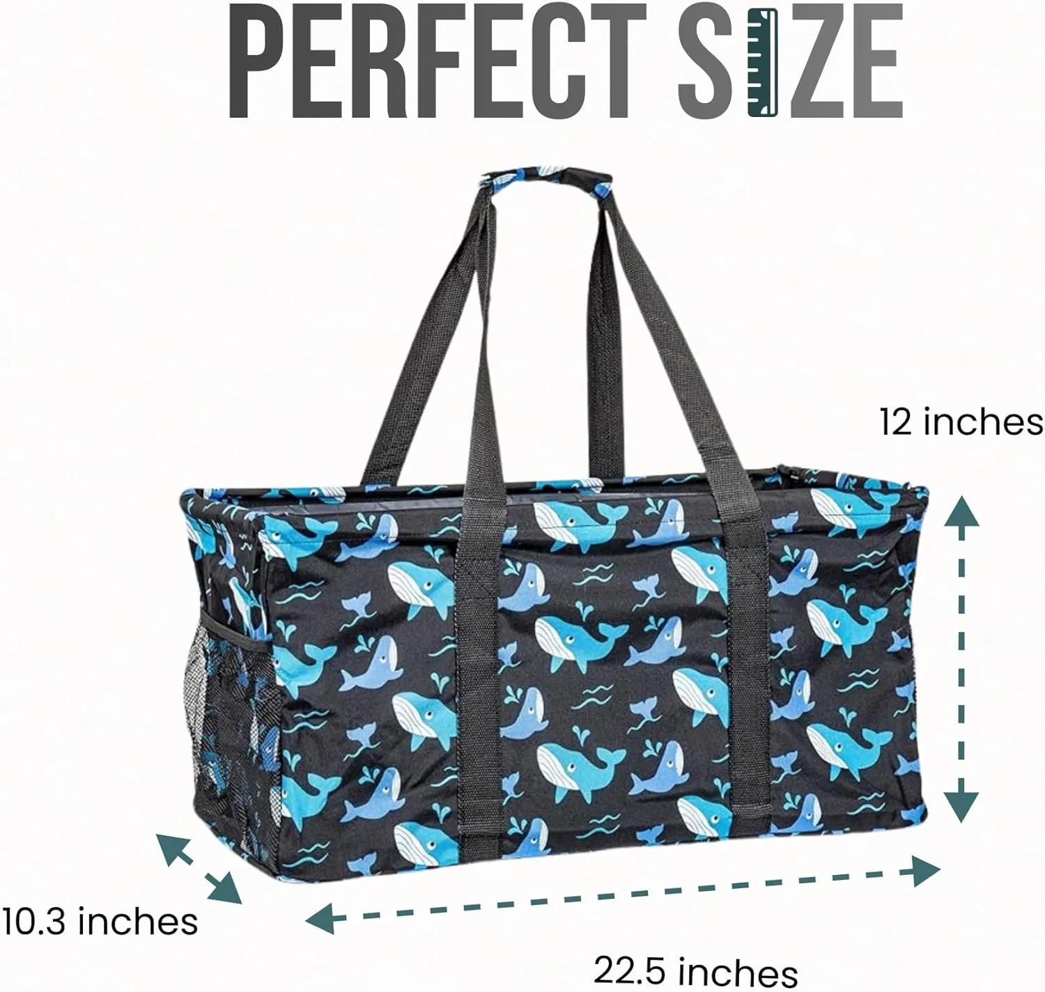 Extra Large Utility Tote Bag - Oversized Collapsible Reusable Wire Frame Rectangular Canvas Basket With Two Exterior Pockets For Beach, Pool, Laundry, Car Trunk, Storage - Whale