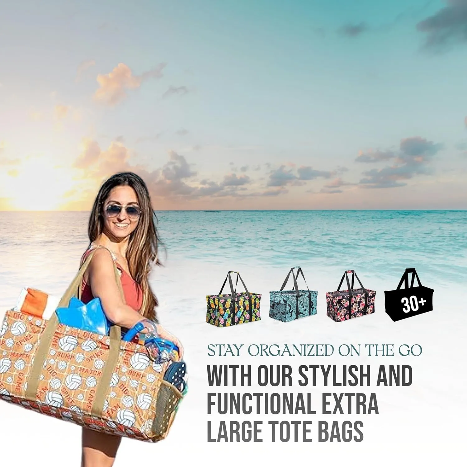 Extra Large Utility Tote Bag - Oversized Collapsible Reusable Wire Frame Rectangular Canvas Basket With Two Exterior Pockets For Beach, Pool, Laundry, Car Trunk, Storage - Whale