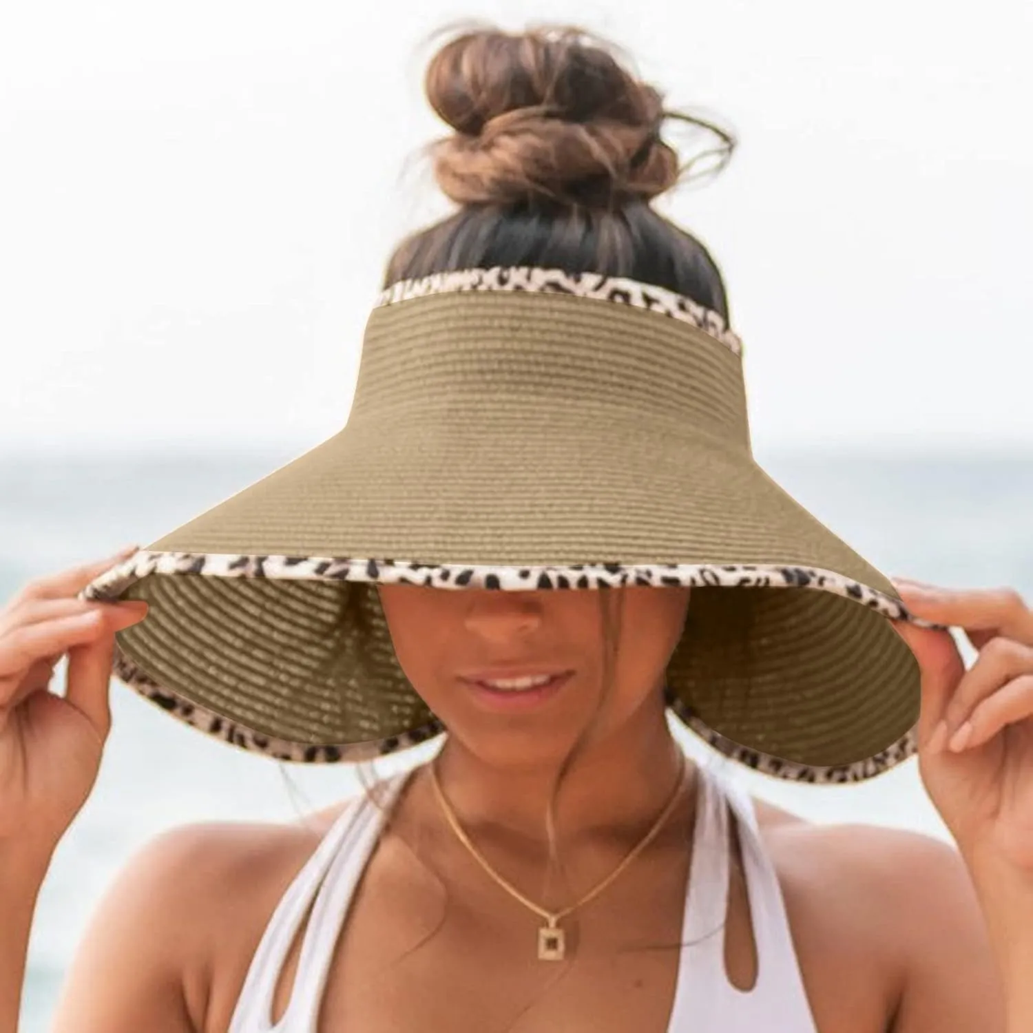 Foldable Wide Brim Visor Hat Sun Hats for Women, Straw Visor Hat Summer Sun Beach Hat Sunscreen Breathable Beach