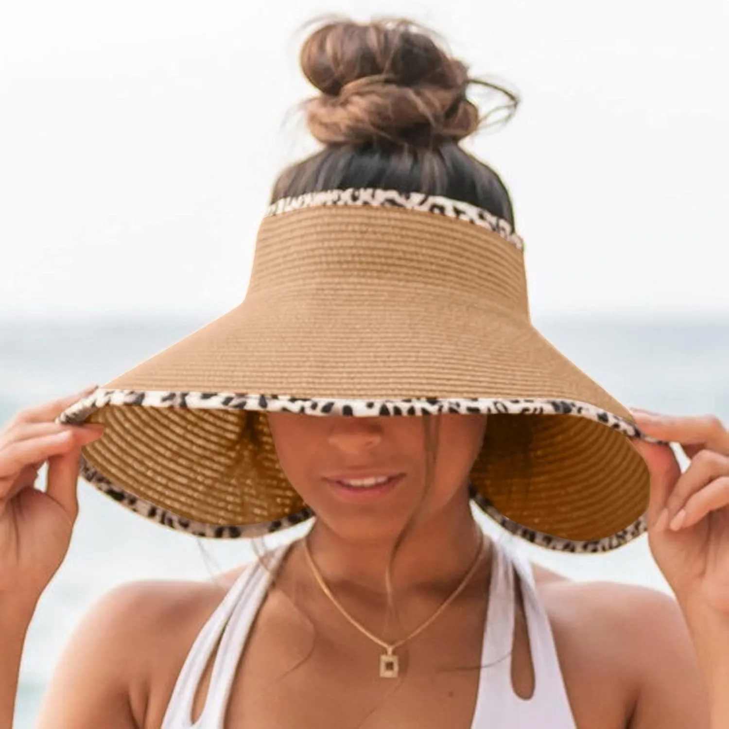 Foldable Wide Brim Visor Hat Sun Hats for Women, Straw Visor Hat Summer Sun Beach Hat Sunscreen Breathable Beach