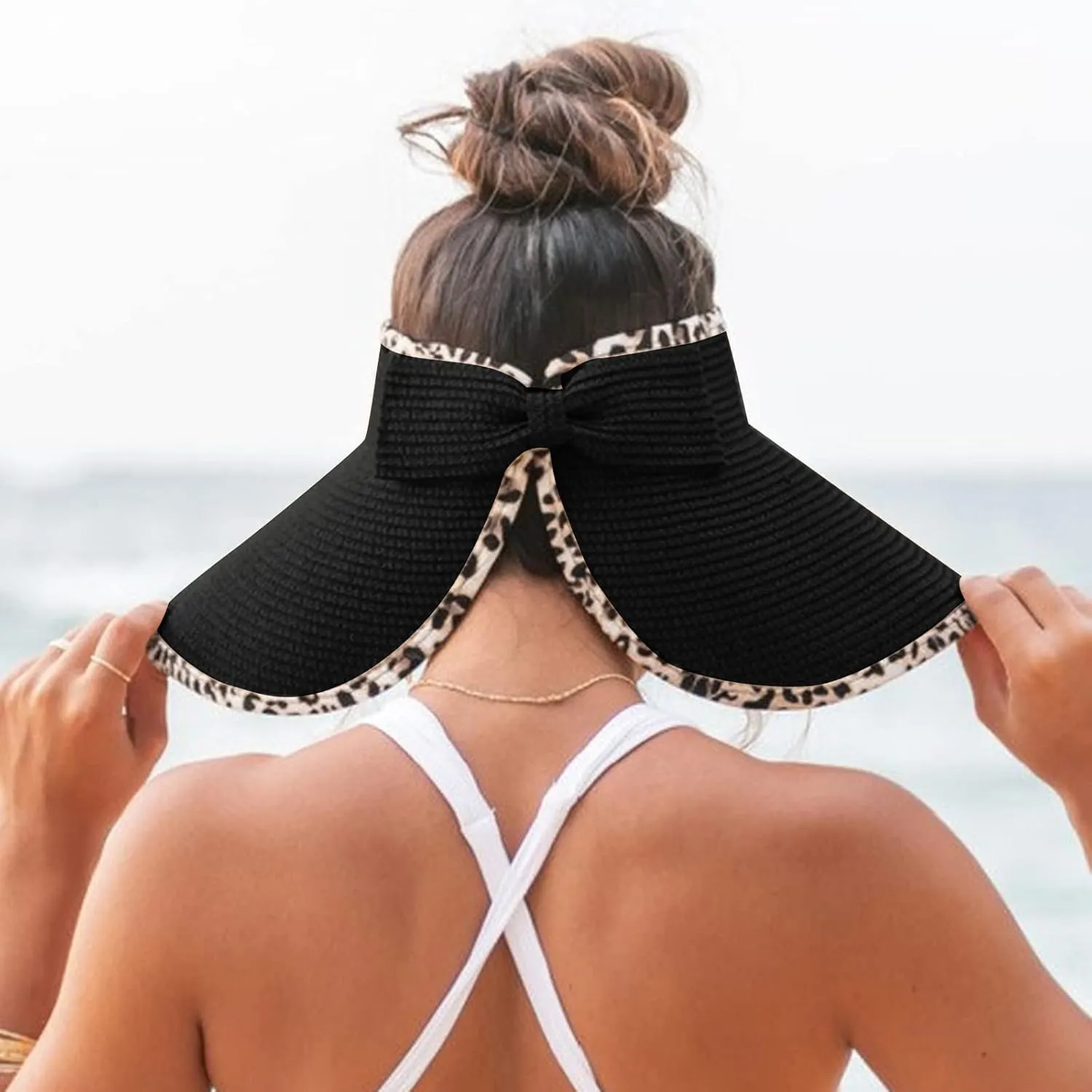 Foldable Wide Brim Visor Hat Sun Hats for Women, Straw Visor Hat Summer Sun Beach Hat Sunscreen Breathable Beach