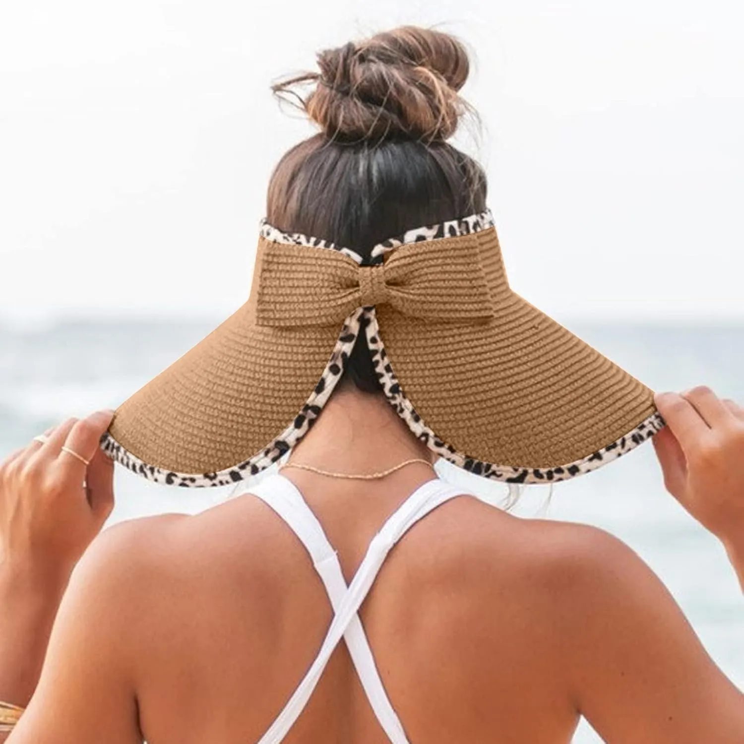 Foldable Wide Brim Visor Hat Sun Hats for Women, Straw Visor Hat Summer Sun Beach Hat Sunscreen Breathable Beach