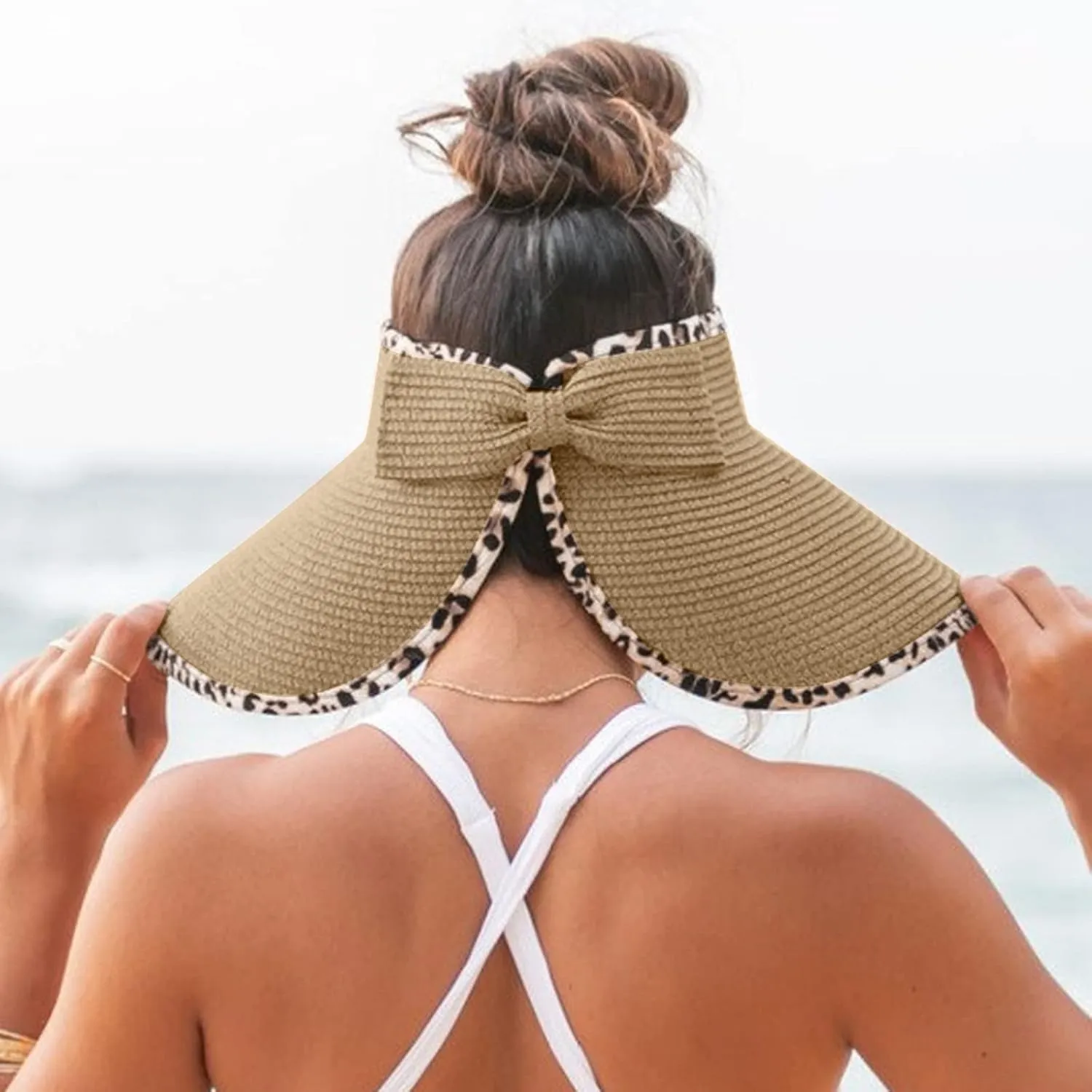 Foldable Wide Brim Visor Hat Sun Hats for Women, Straw Visor Hat Summer Sun Beach Hat Sunscreen Breathable Beach