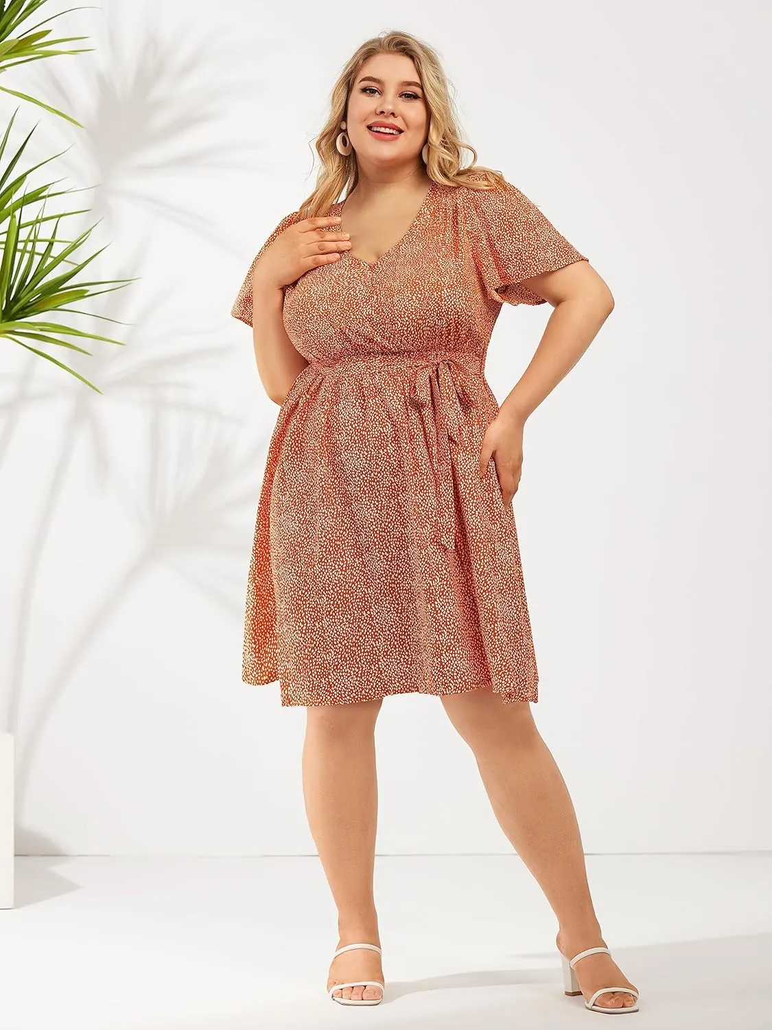 FOREYOND Women's Plus Size Short Sleeve Casual Dress Floral Print Wrap Midi Dresses Square Neck A Line Swing Dress