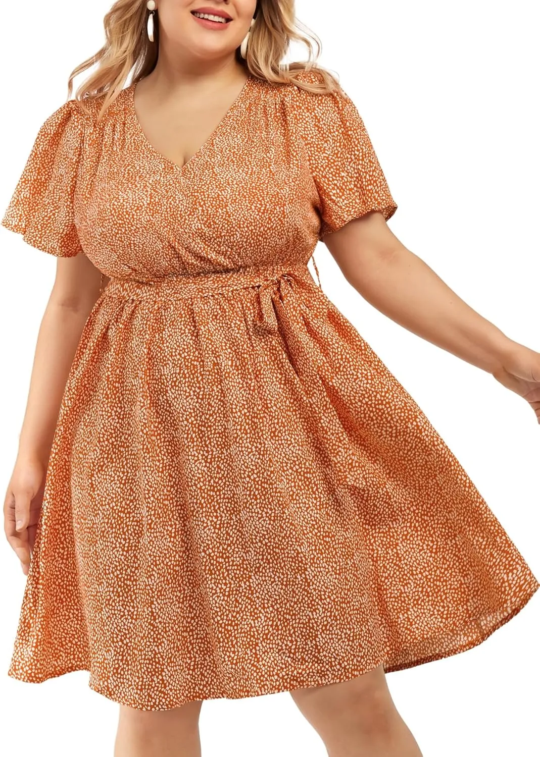 FOREYOND Women's Plus Size Short Sleeve Casual Dress Floral Print Wrap Midi Dresses Square Neck A Line Swing Dress