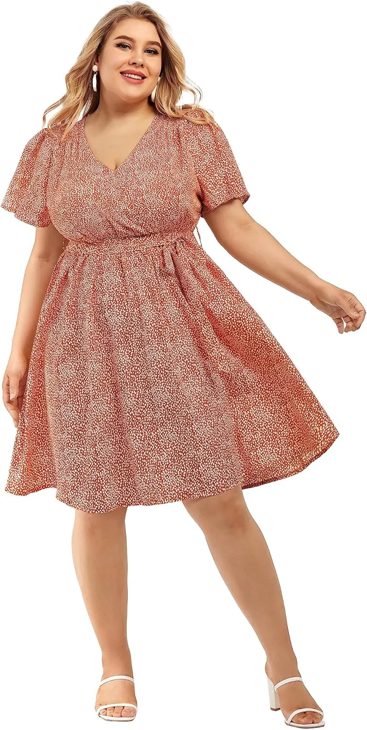 FOREYOND Women's Plus Size Short Sleeve Casual Dress Floral Print Wrap Midi Dresses Square Neck A Line Swing Dress