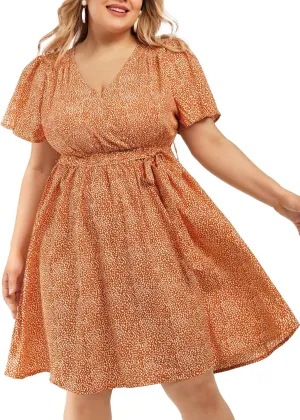 FOREYOND Women's Plus Size Short Sleeve Casual Dress Floral Print Wrap Midi Dresses Square Neck A Line Swing Dress