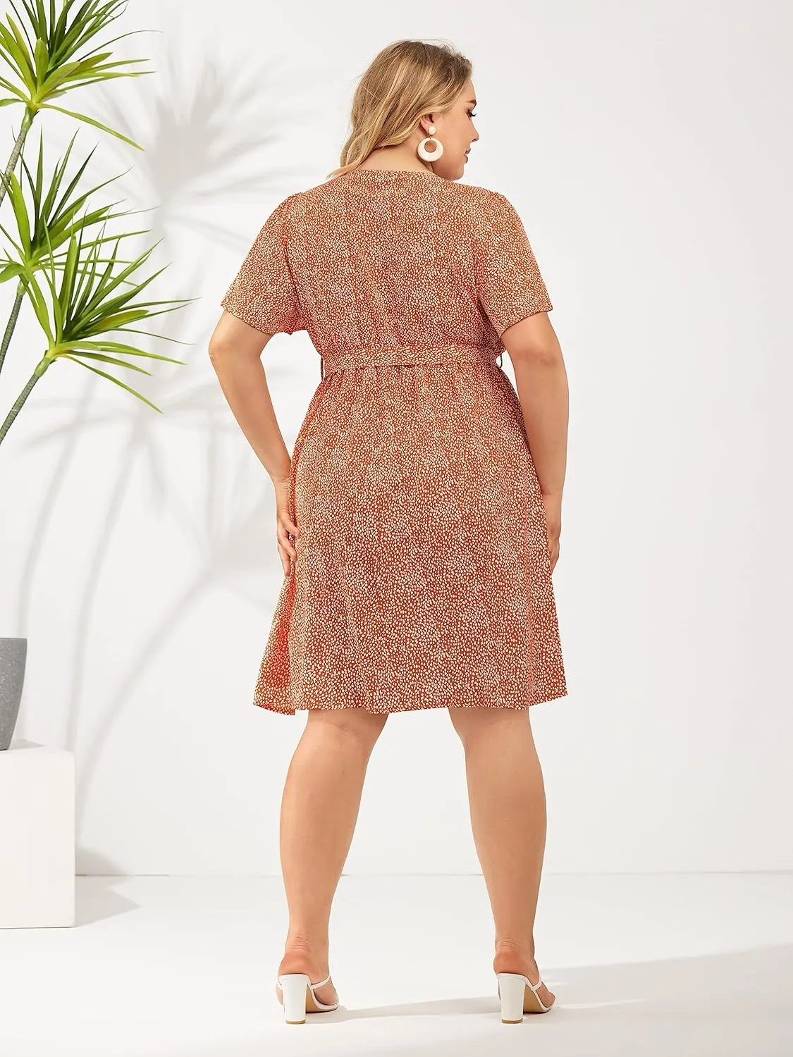 FOREYOND Women's Plus Size Short Sleeve Casual Dress Floral Print Wrap Midi Dresses Square Neck A Line Swing Dress