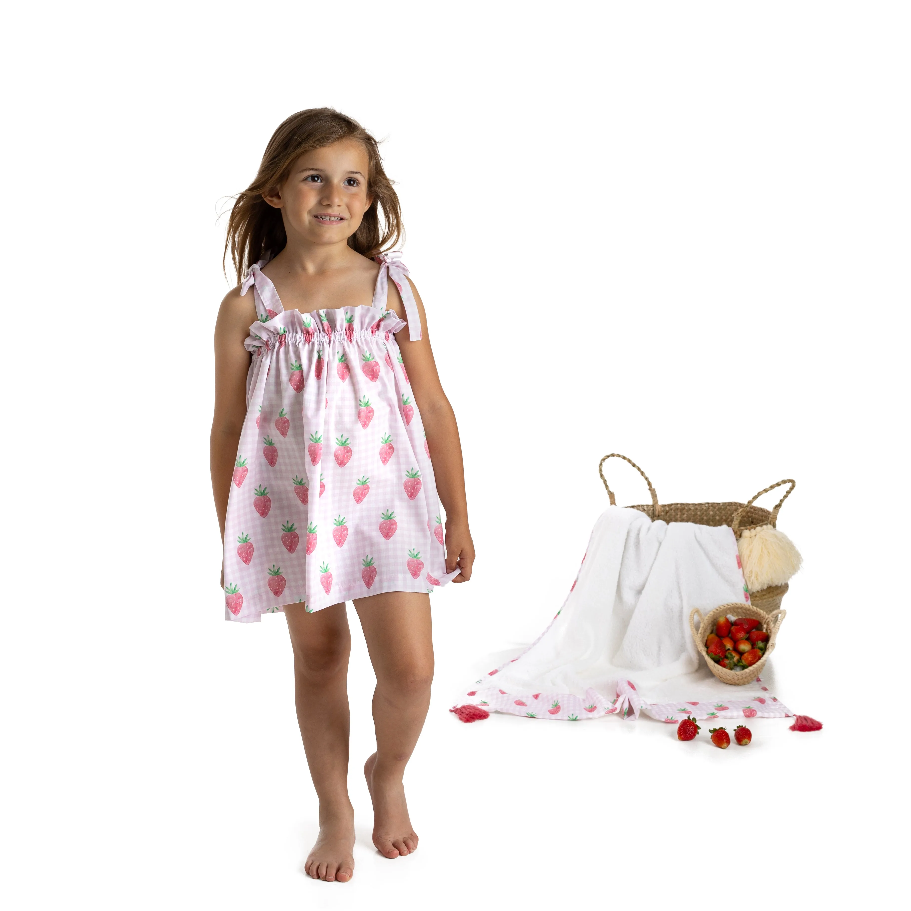 Girl's Beach Dress with Pink Strawberries