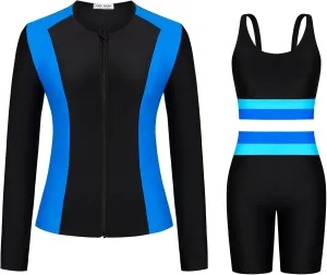 Kate Kasin Women's 3 Piece Rash Guard Long Sleeve Color Block Built in Bra UPF 50  Zip Up Swim Shirt with Boyleg Shorts