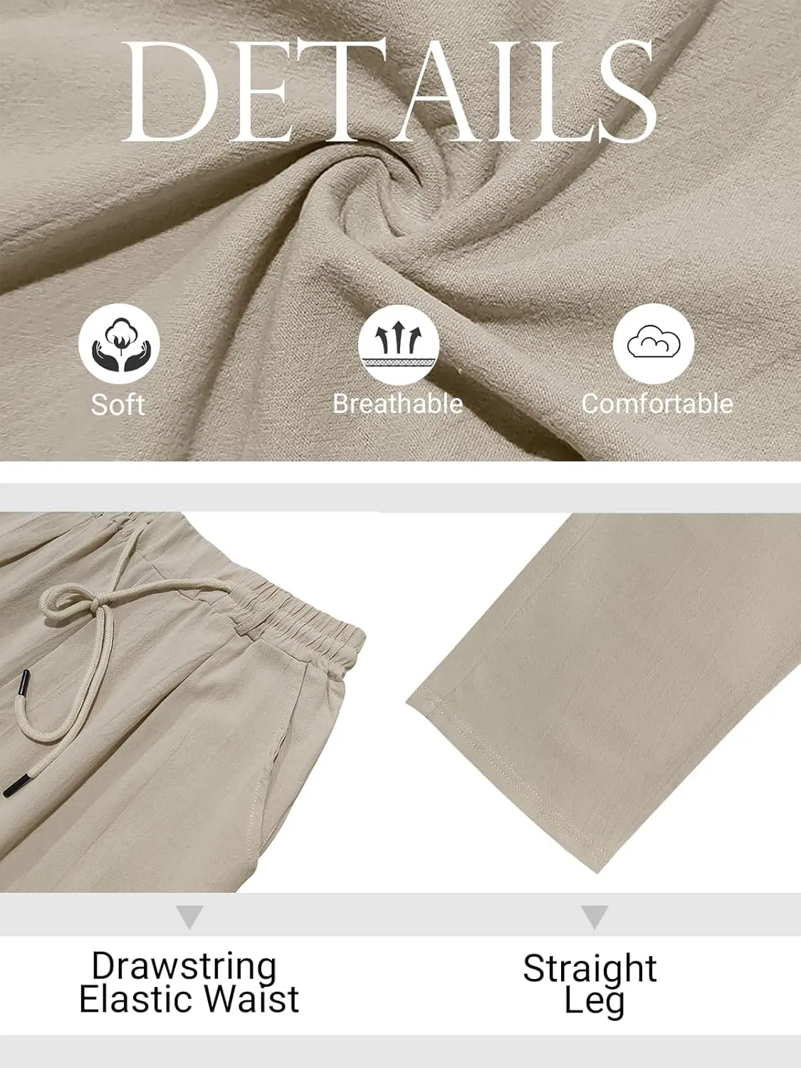 Mens Casual Linen Pants Loose Fit Elastic Drawstring Waist Straight-Legs Summer Yoga Beach Long Pants