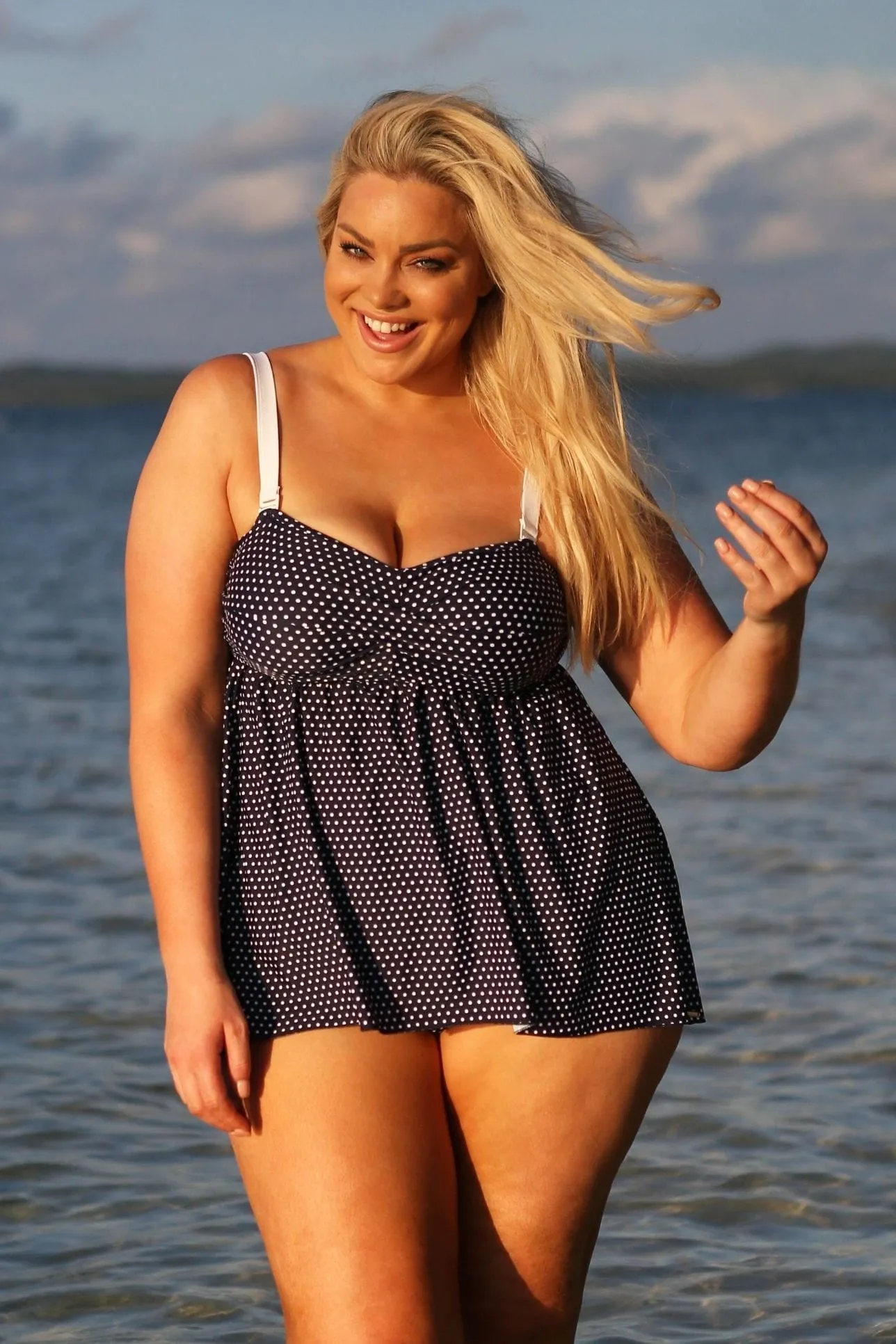 Navy & White Dots Swing Bandeau Tankini Top