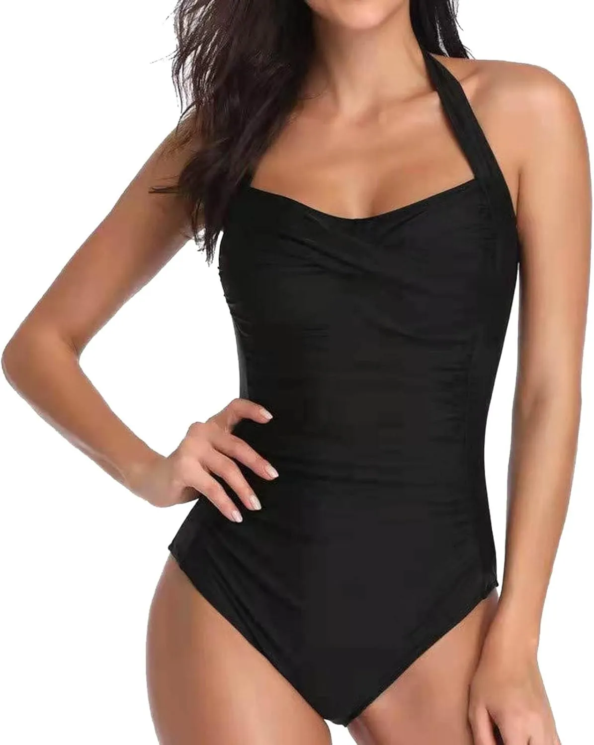 One Piece Swimsuit Women Backless Ruched Solid Vintage Womens Bikini Summer Tummy Control Womens Swimsuits