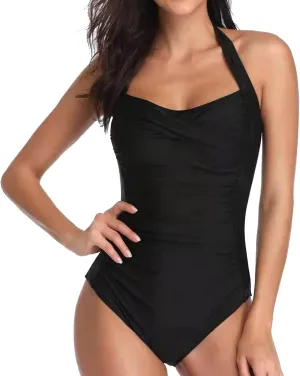 One Piece Swimsuit Women Backless Ruched Solid Vintage Womens Bikini Summer Tummy Control Womens Swimsuits
