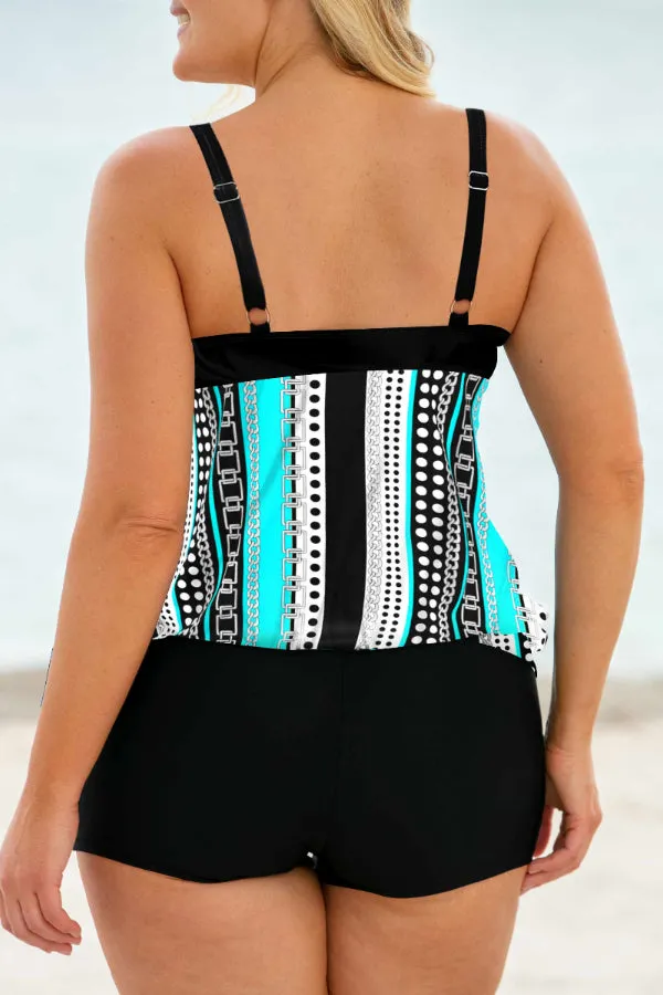 Plus Size Geometric Print Cyan Tankini Set