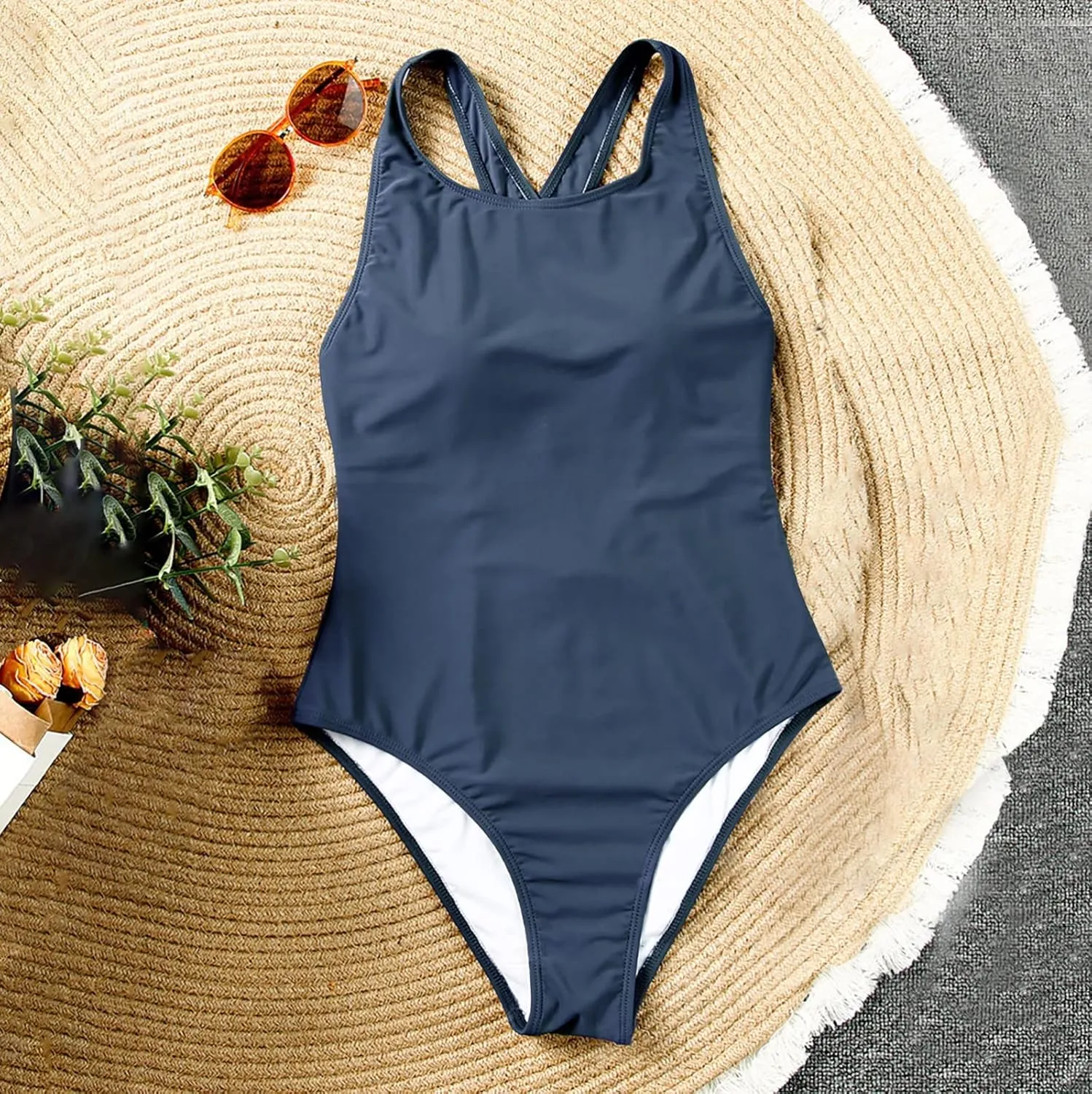 Ribbed Scalloped Bathing Suit Solid Color Sleeveless Swimsuit Simple Slimming Back Covering The Belly and Looking