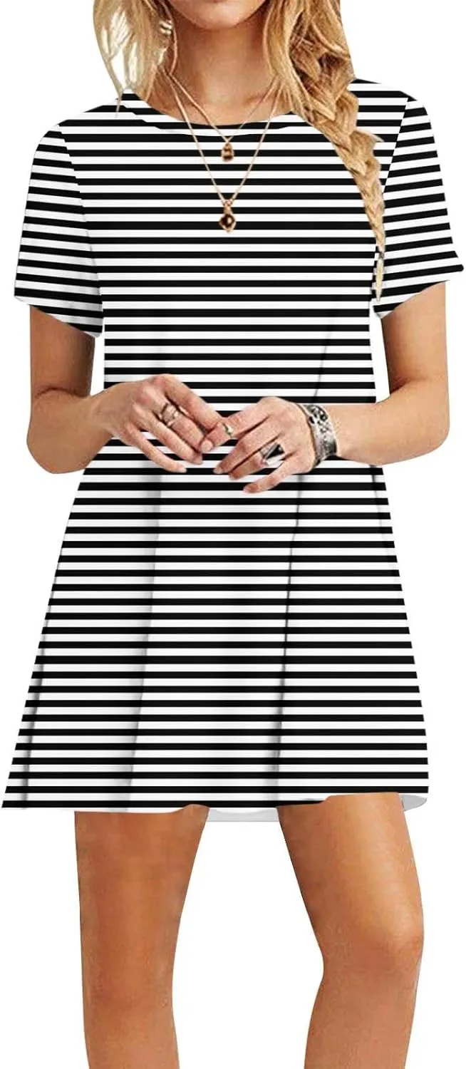 Striped T Shirt Dress for Women Summer Short Sleeve Dress Crew Neck Loose Dress Trendy Casal Dress Sun Beach Dress