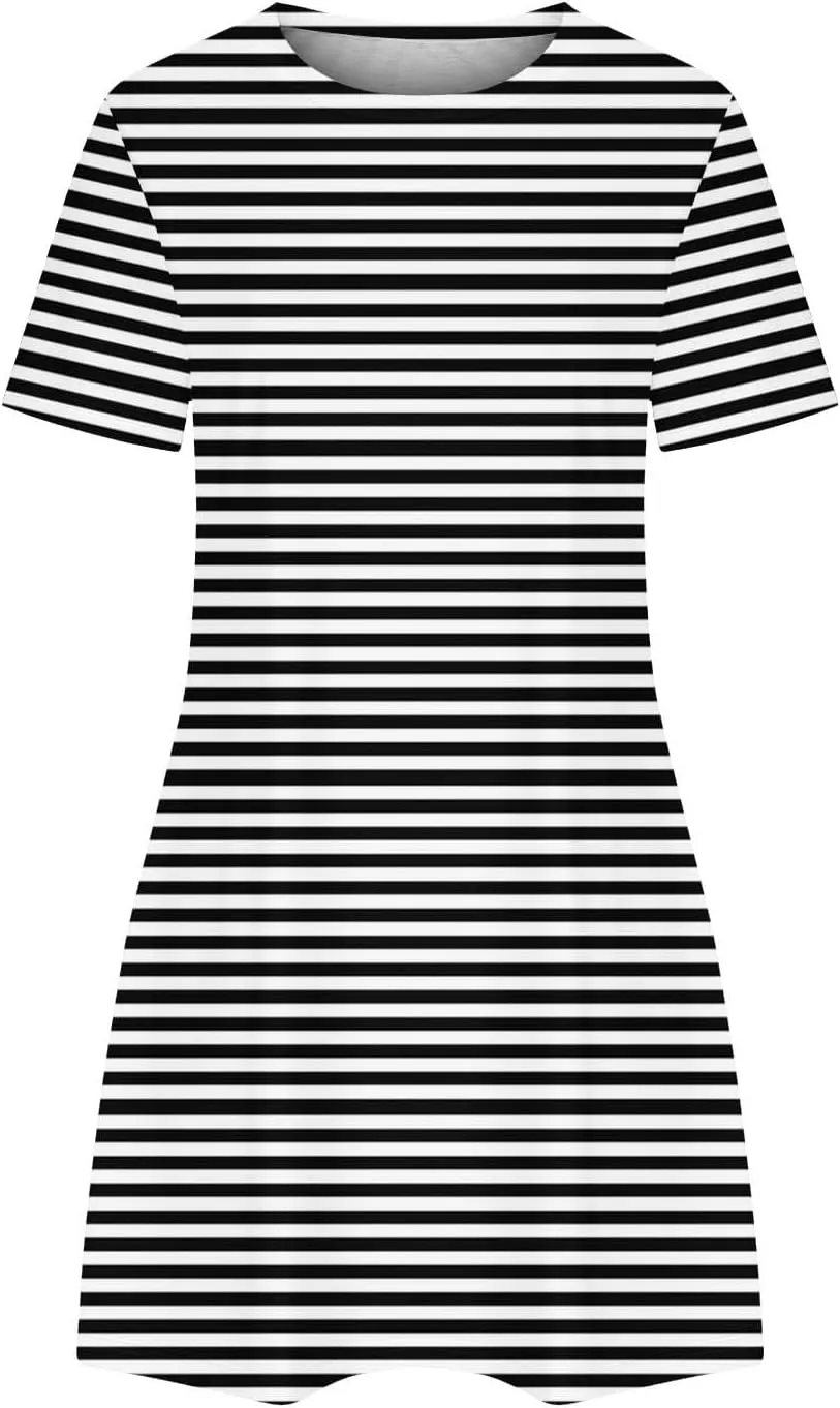 Striped T Shirt Dress for Women Summer Short Sleeve Dress Crew Neck Loose Dress Trendy Casal Dress Sun Beach Dress