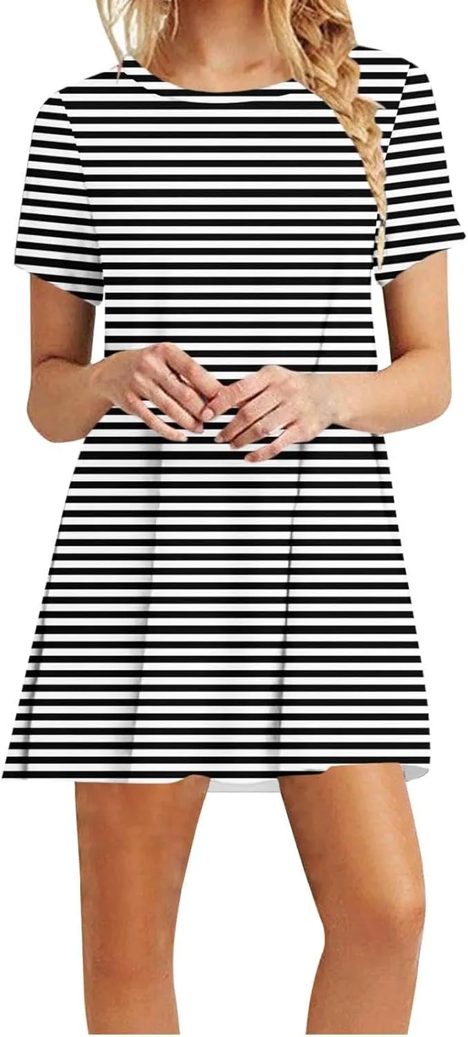 Striped T Shirt Dress for Women Summer Short Sleeve Dress Crew Neck Loose Dress Trendy Casal Dress Sun Beach Dress