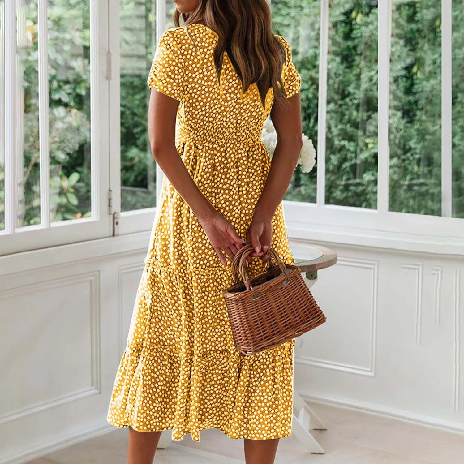 Summer Bohemian Dot Print Dresses for Women 2024 Short Sleeve Square Neck Tunic Dress Tiered Pleated A Line Sundress