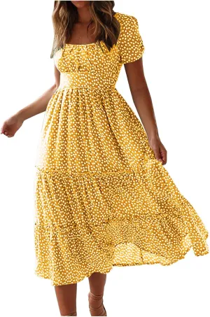 Summer Bohemian Dot Print Dresses for Women 2024 Short Sleeve Square Neck Tunic Dress Tiered Pleated A Line Sundress