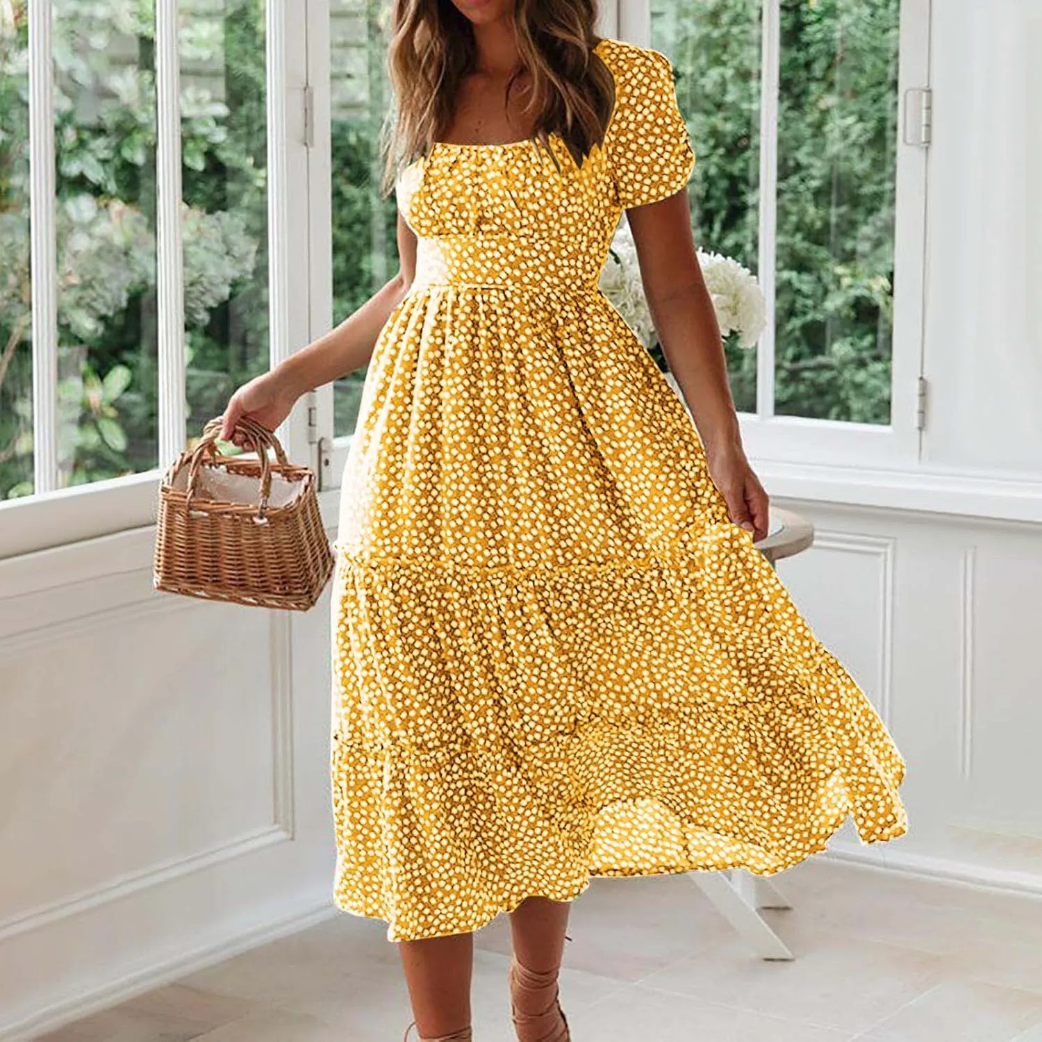 Summer Bohemian Dot Print Dresses for Women 2024 Short Sleeve Square Neck Tunic Dress Tiered Pleated A Line Sundress