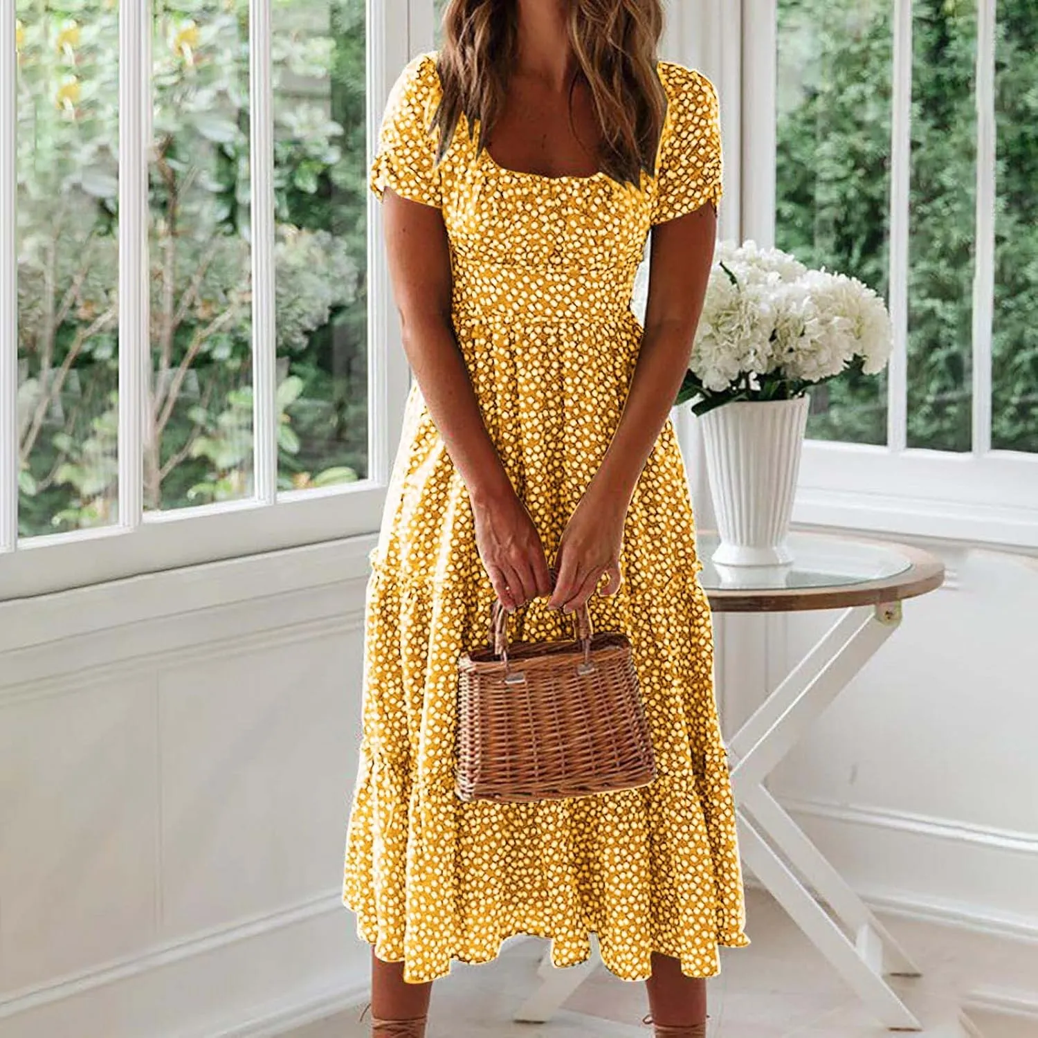Summer Bohemian Dot Print Dresses for Women 2024 Short Sleeve Square Neck Tunic Dress Tiered Pleated A Line Sundress