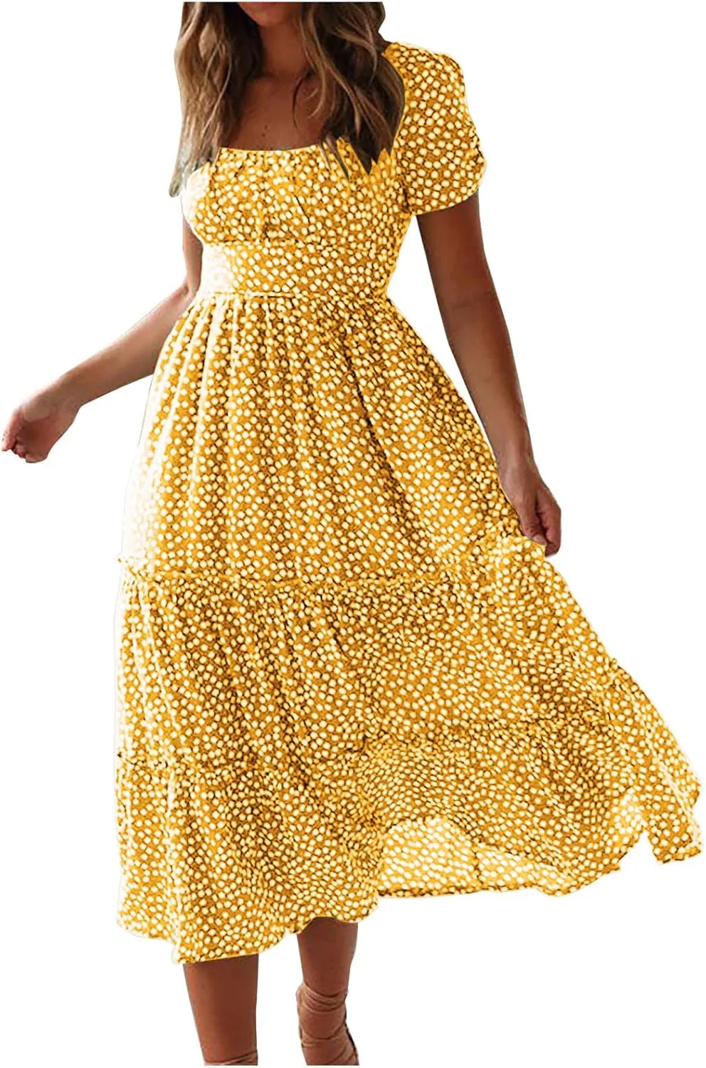 Summer Bohemian Dot Print Dresses for Women 2024 Short Sleeve Square Neck Tunic Dress Tiered Pleated A Line Sundress
