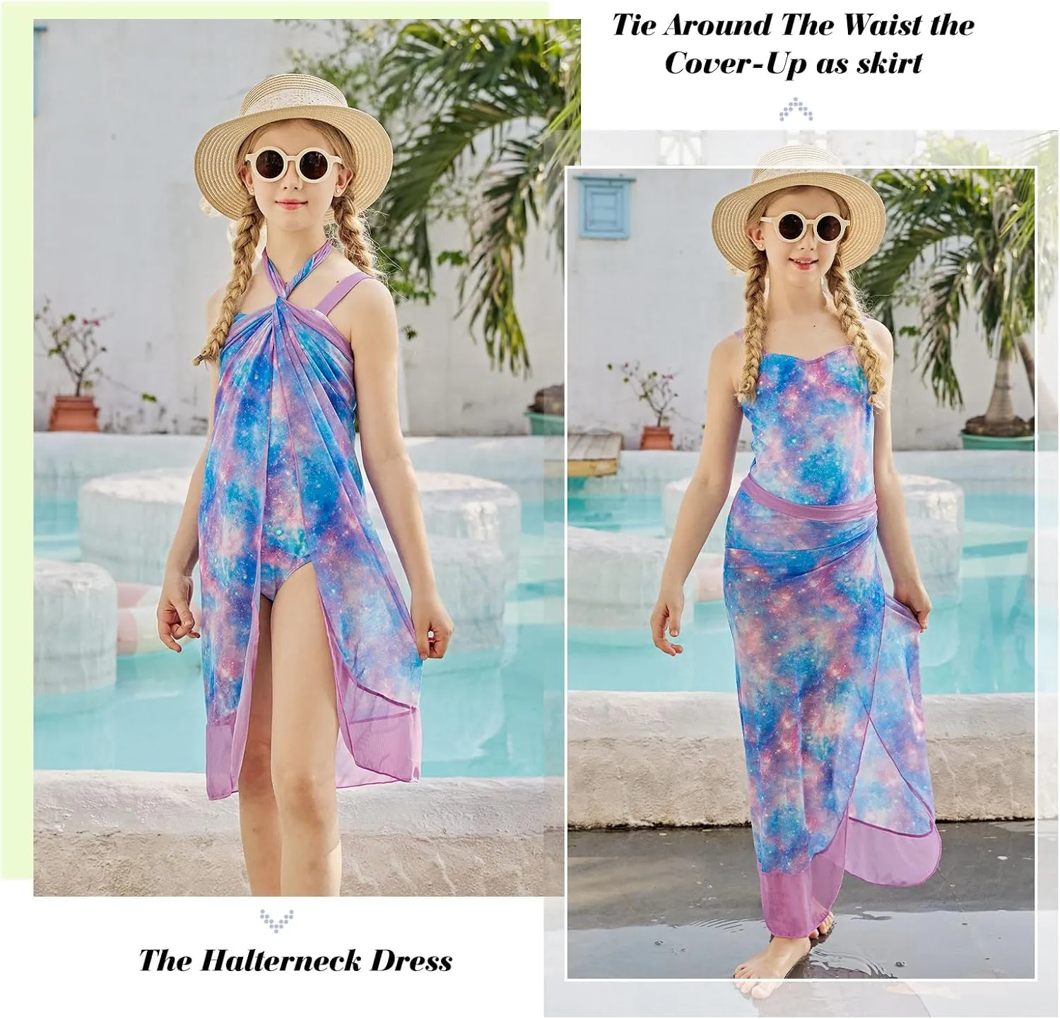 uideazone Girls One Piece Swimsuit with Cover Up Wrap Skirt Set Cool Printed Two Piece Bathing Suit 6-12T