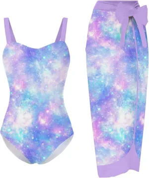 uideazone Girls One Piece Swimsuit with Cover Up Wrap Skirt Set Cool Printed Two Piece Bathing Suit 6-12T
