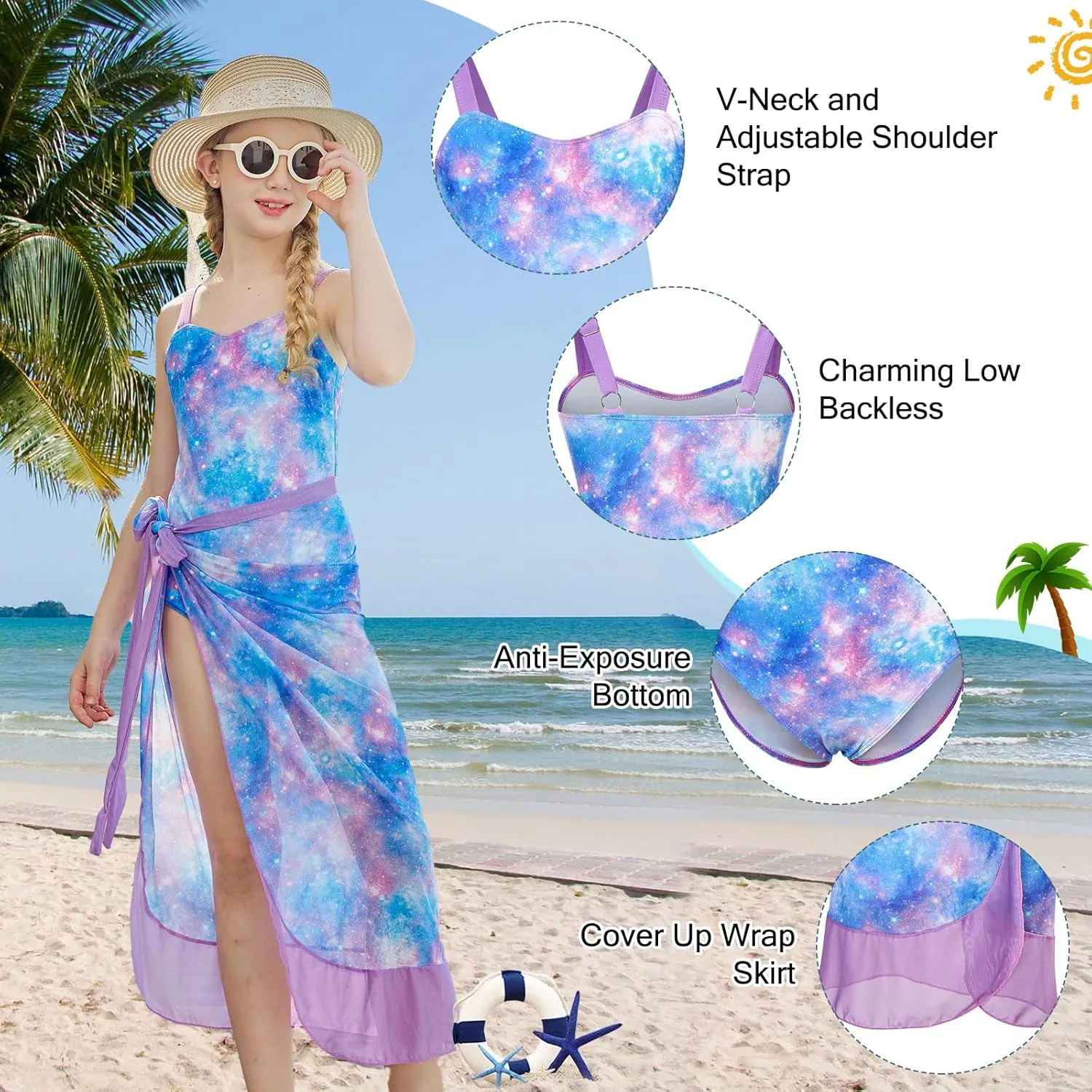 uideazone Girls One Piece Swimsuit with Cover Up Wrap Skirt Set Cool Printed Two Piece Bathing Suit 6-12T