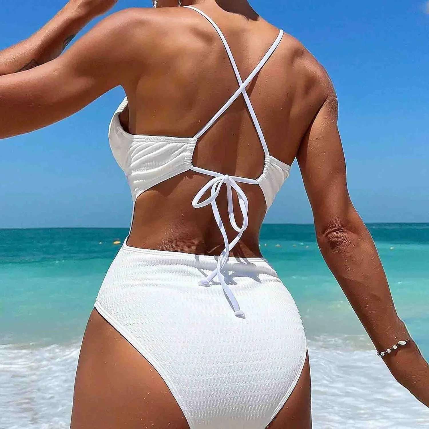 Women One Piece Textured Swimsuit Sexy Plunge Bathing Suits Tummy Control Swimsuits Criss Cross Tie Backless Swimwear