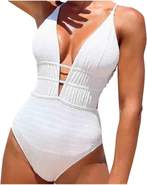 Women One Piece Textured Swimsuit Sexy Plunge Bathing Suits Tummy Control Swimsuits Criss Cross Tie Backless Swimwear