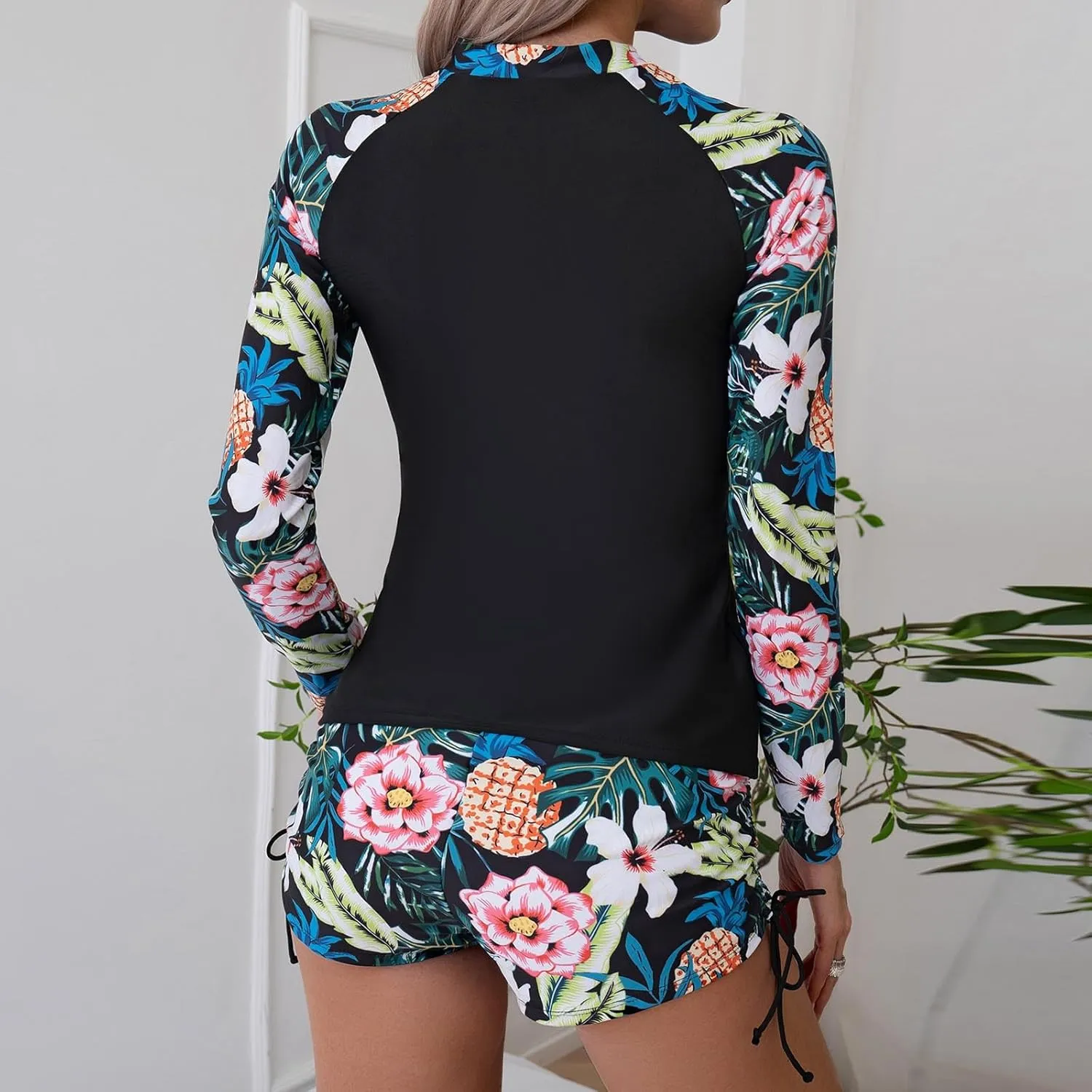 Women Two Piece Rash Guard Long Sleeve Swimwear UV UPF 50  Bathing Suit Tropical Print Swim Shirt with Boyshort Bottom